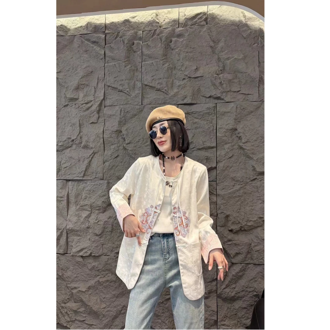 大码女装春季新中式复古风宽松显瘦圆领流苏刺绣外套女时尚百搭