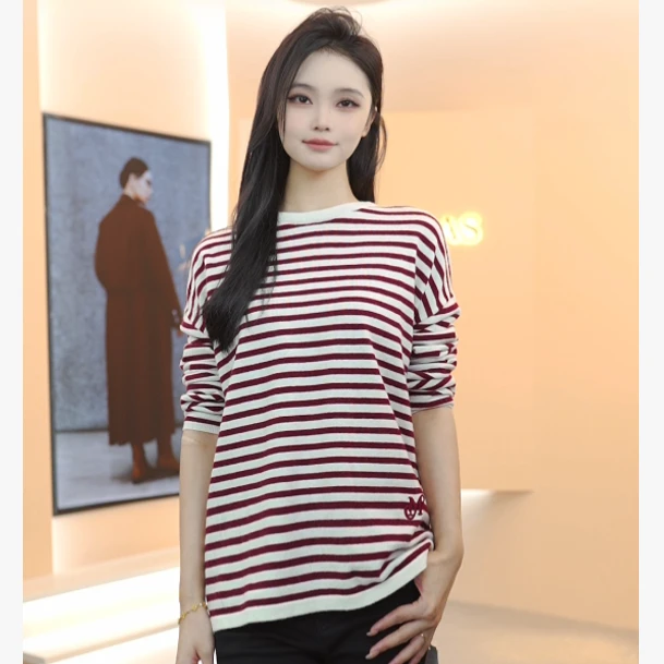 曼德诗条纹薄款水洗修身型不褪色衫秋冬毛织套头衫