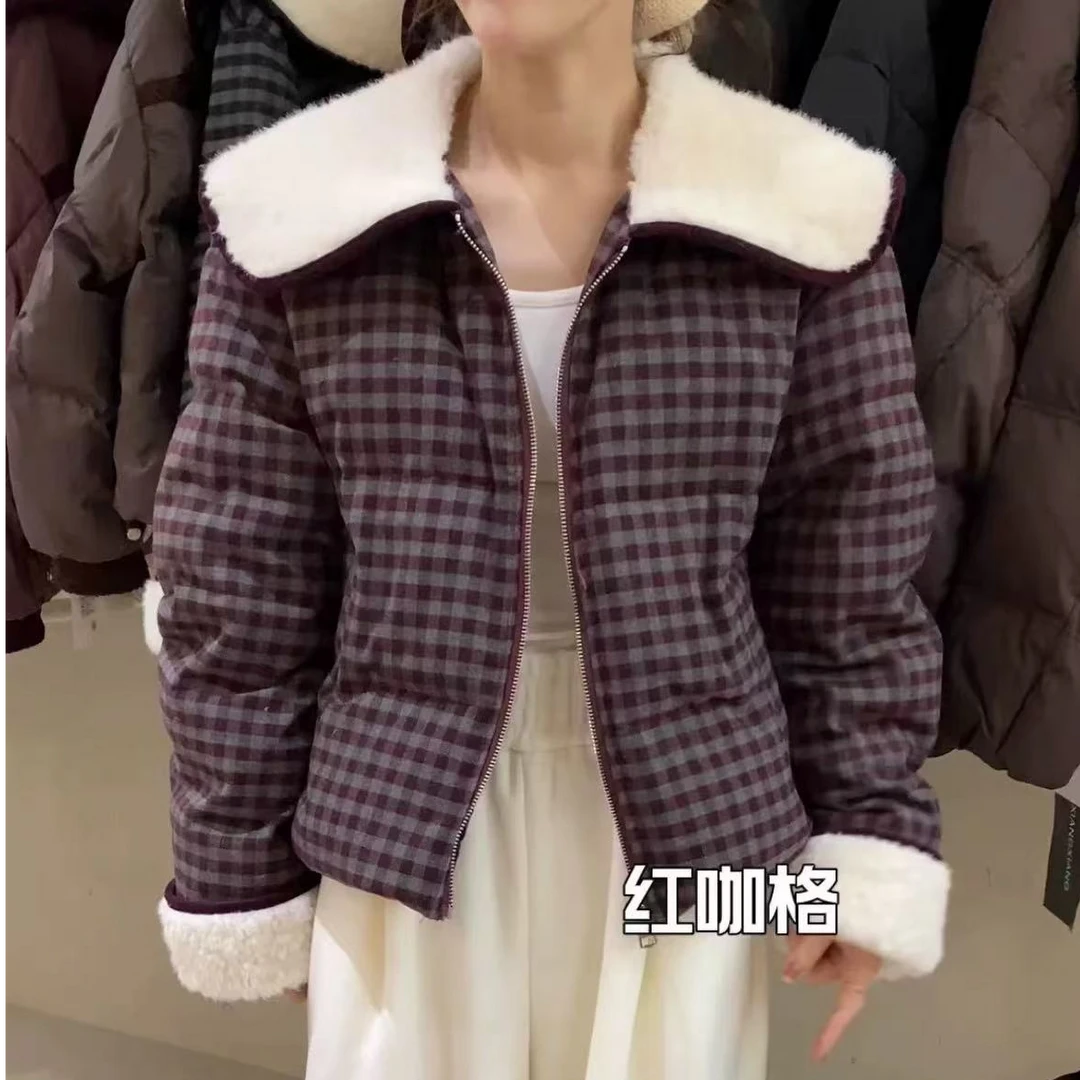 欧货大翻领格子棉服