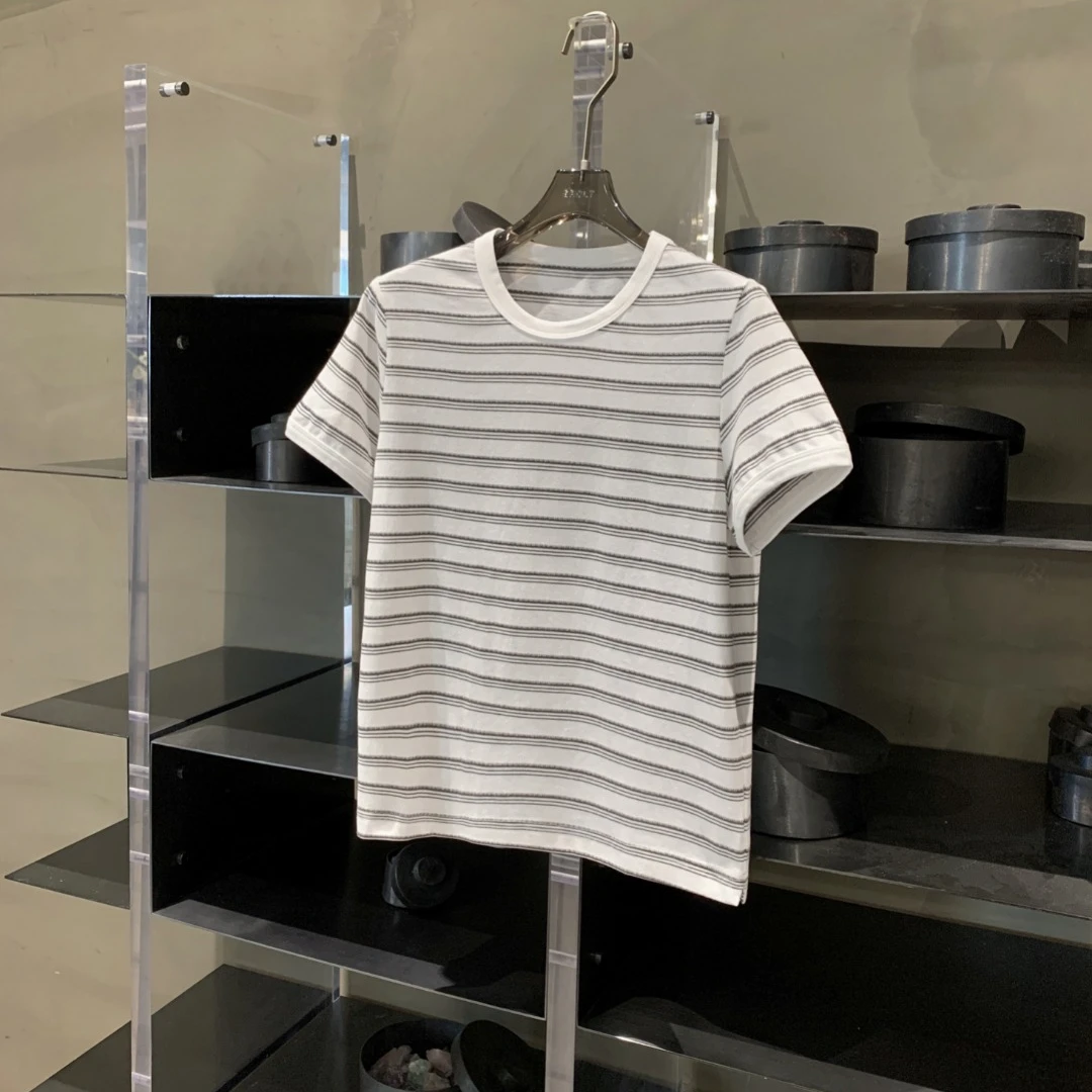 精致韩风锯齿条纹休闲半袖夏季上衣显瘦设计感圆领T恤短袖 T8433