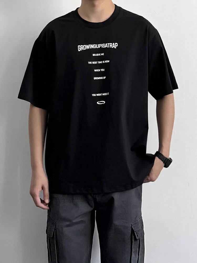 重磅280g纯棉黑色t恤短袖男款男士潮牌印花宽松休闲半袖圆领上衣