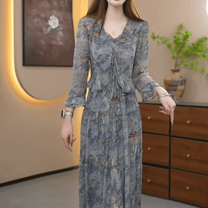 A203【外衫+背心裙】2025早秋新款时尚优雅气质高端精致印花套装