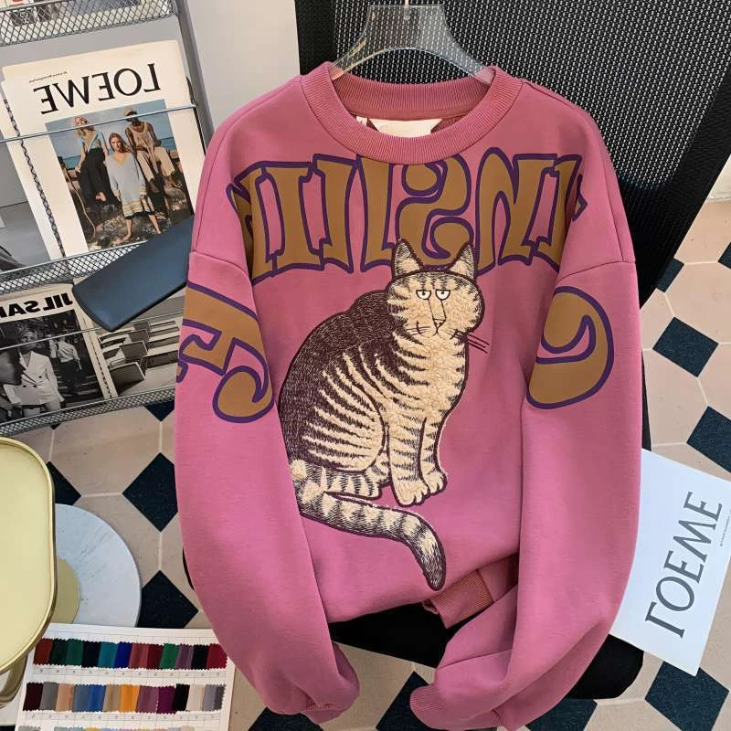 韩版百搭时髦猫咪宽松加绒潮流卫衣大码胖mm慵懒风减龄洋气上衣