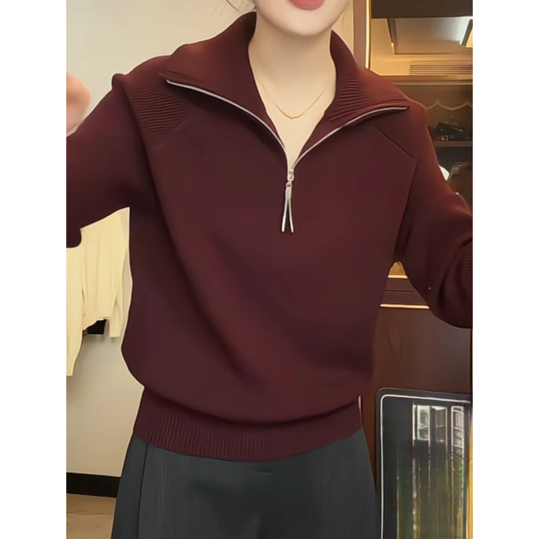 秋冬新款气质韩版毛衣宽松长袖套头上衣半拉链纯色百搭针织衫