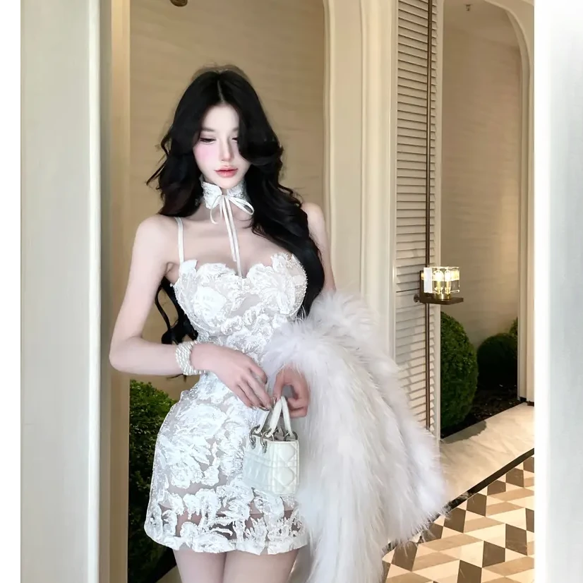 【山玥铃兰】纯欲性感立体花朵吊带蕾丝连衣裙子女装性感包臀短裙