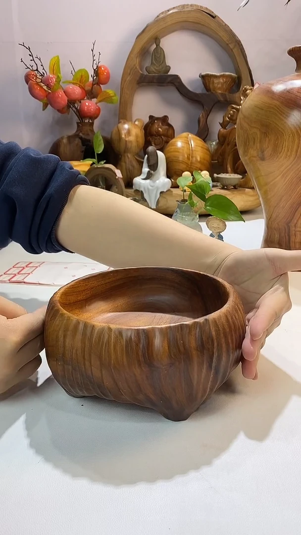 【闪购商品】香樟木A35竖条纹圆钵/尺寸20*10