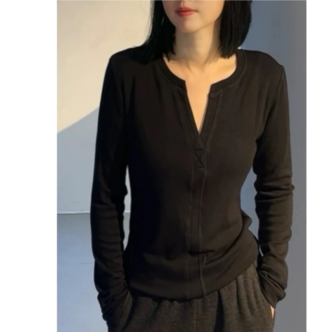 2402休闲时尚T恤百搭长袖纯色紧身显瘦交叉V领打底上衣