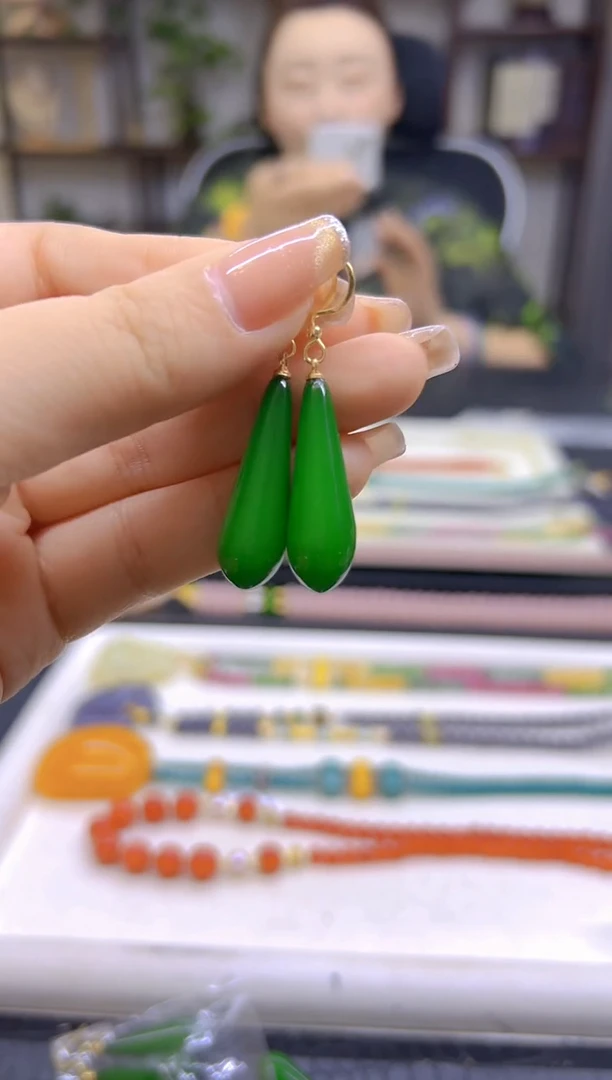 和田玉（碧玉）14K金镶嵌耳饰DIY款E74