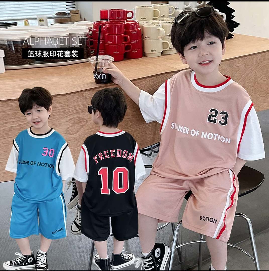 2025儿童夏季新款韩版童装字母印花假两件短袖篮球套装H855
