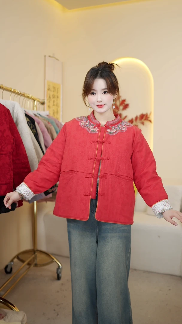 沫沫家【冬季-气质款7】冬装新款新中式国风刺绣加棉保暖棉服外套