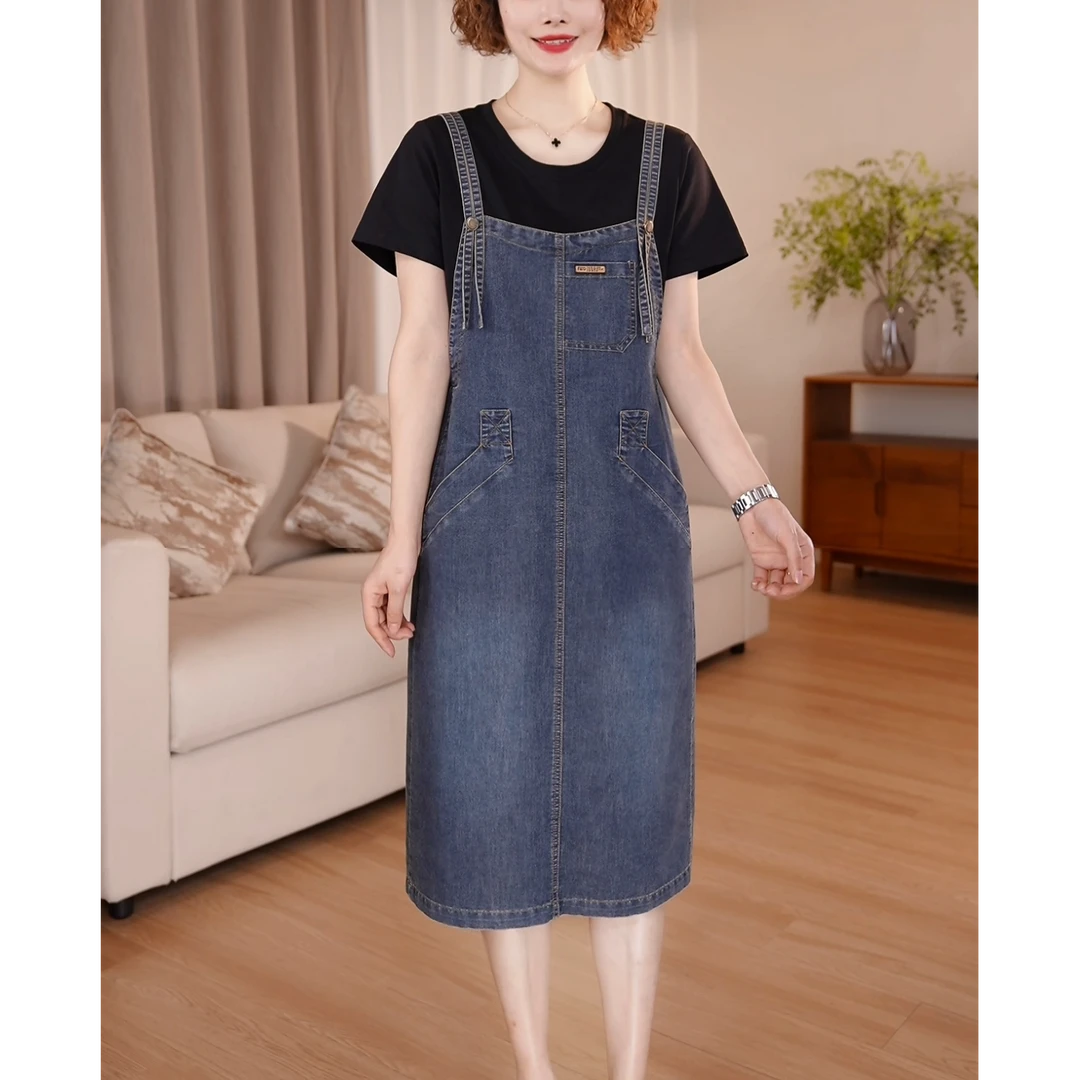 【今天发货】减龄显瘦牛仔连衣裙女夏季薄款假两件大码宽松背带裙子