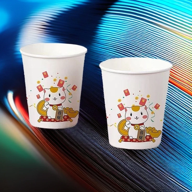 200只招财猫款式纸杯一次性纸杯商用水杯办公家用纸杯子
