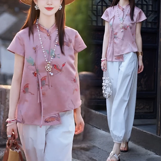 2025 新中式国风套装大码女装粉色上衣衬衫时尚显瘦气质减龄