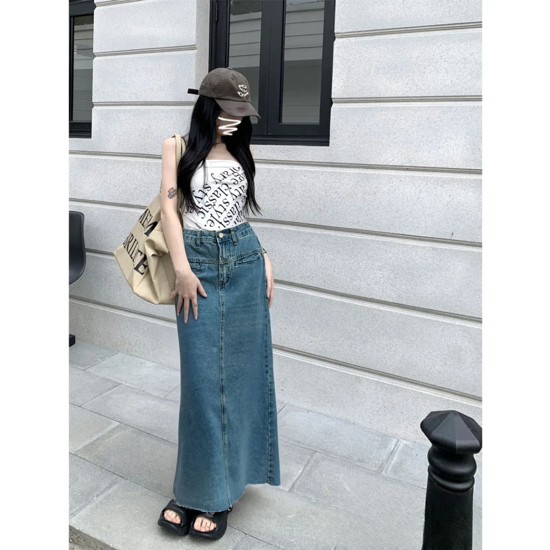 825#复古开叉牛仔半身裙女春秋季高腰宽松显瘦休闲a字包臀中长裙