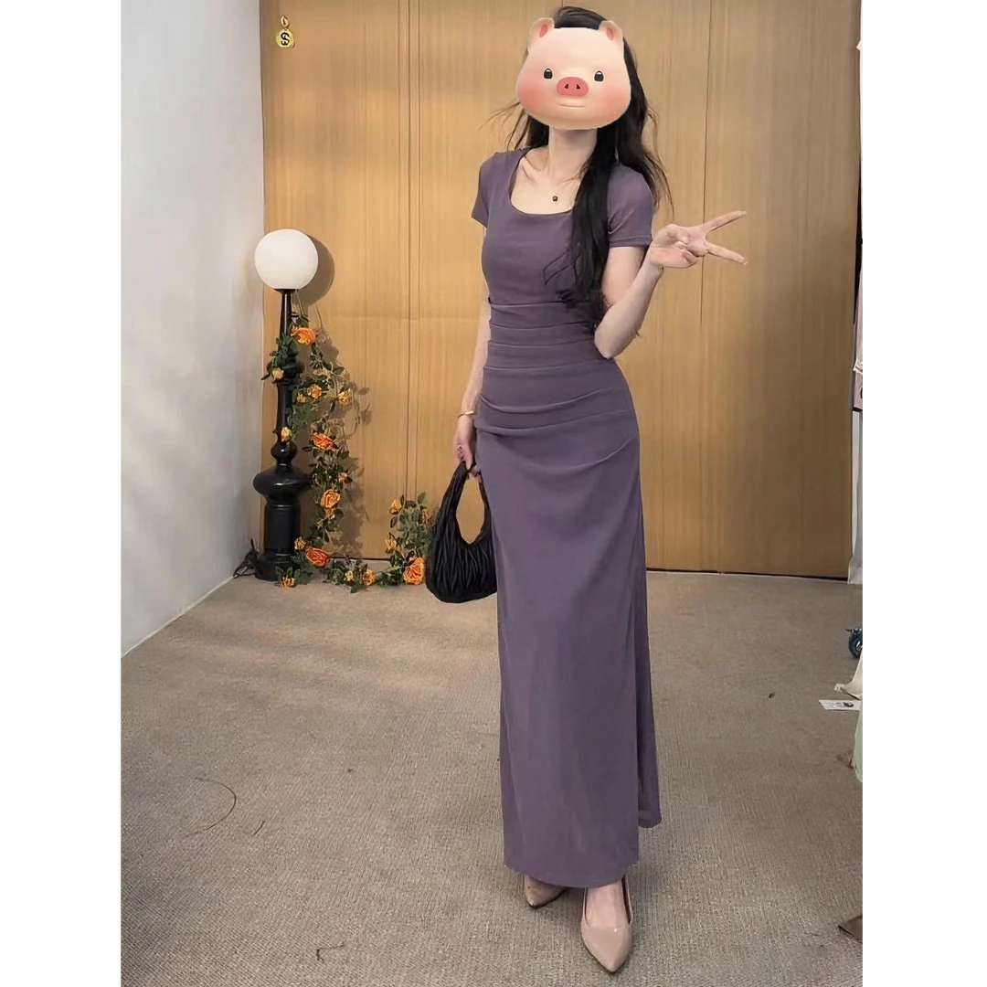 法式短袖连衣裙女夏季2025新款今年流行爆款开叉修身显瘦包臀裙子