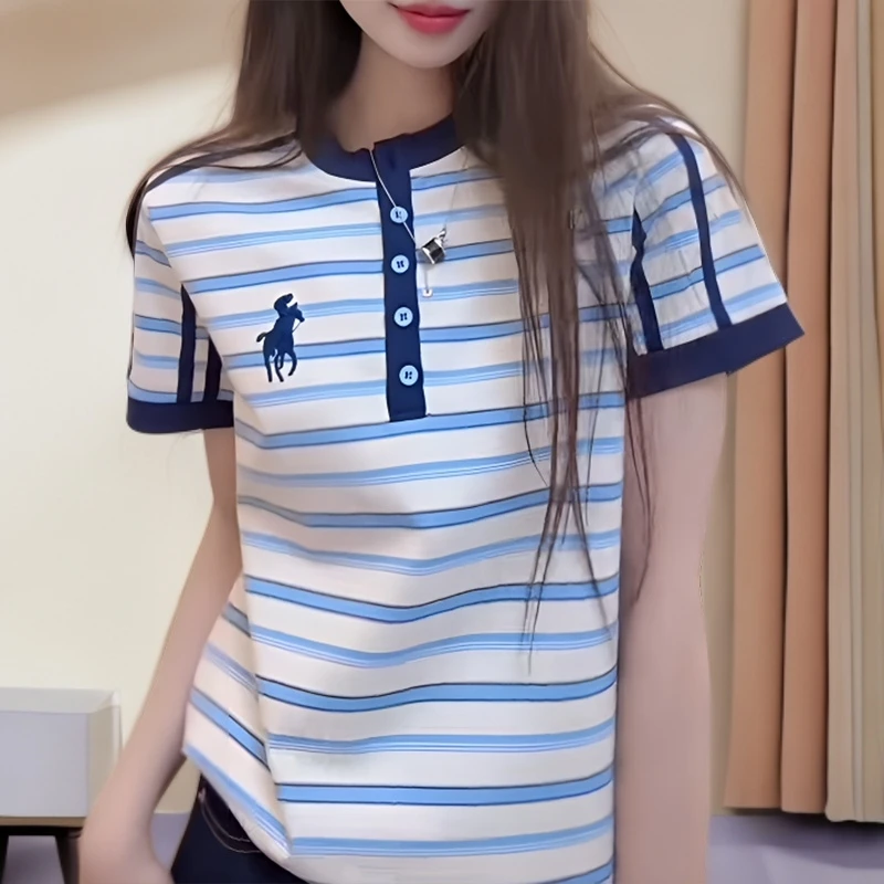 纯棉女士夏季条纹T恤短袖女款爆款2025新款洋气衣服女正肩t恤上衣