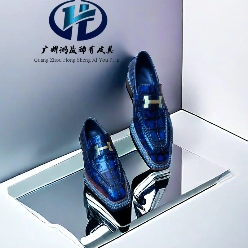 时尚百搭透气经典纯手工擦色挪威缝线固特异工艺鳄鱼皮乐福鞋