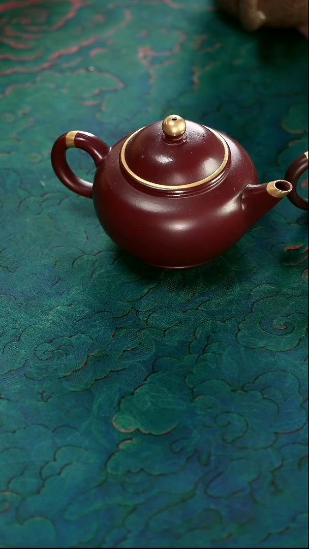 茶壶紫砂四号井茄皮紫泥描金薄胎水平