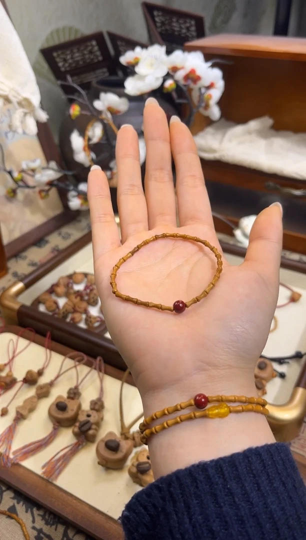 手串桃核【桃缘行】竹节「红色莎莎」桃木桃核辟、挡、驱、护 备注手围