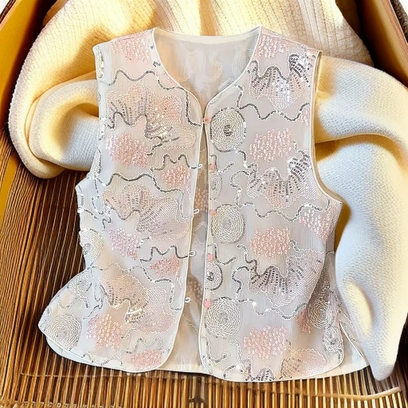 宽松型刺绣女传统中国风马夹上衣中国风时尚复古中式【亮片马甲】