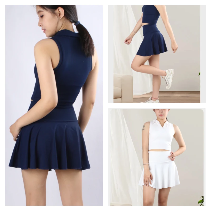 网球裙套装固定一体杯运动瑜伽背心假两件带口袋短裤羽毛球健身服