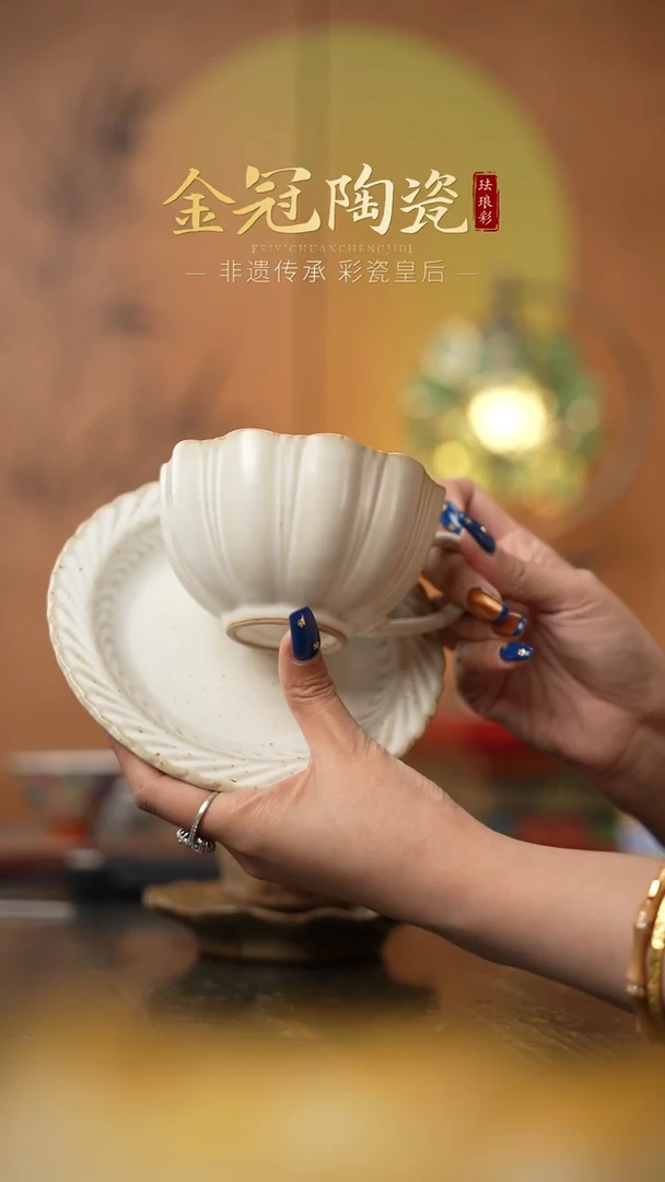 陶瓷落灰烧花口杯早餐杯一杯一碟【花口大号】