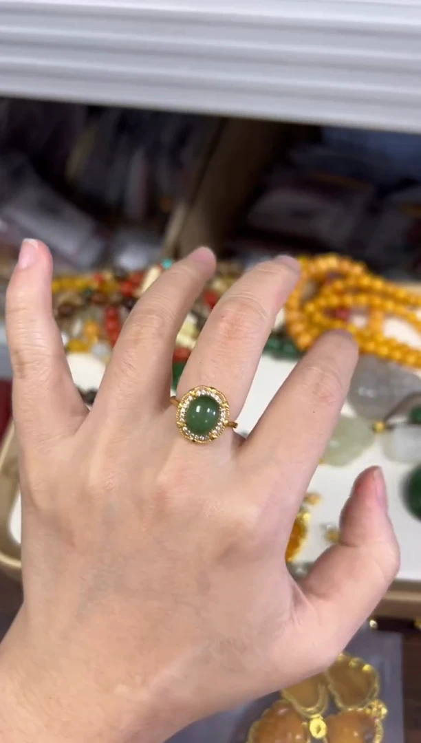 银S925镶嵌戒指和田玉孤品和田玉碧玉银镶嵌戒指[82]