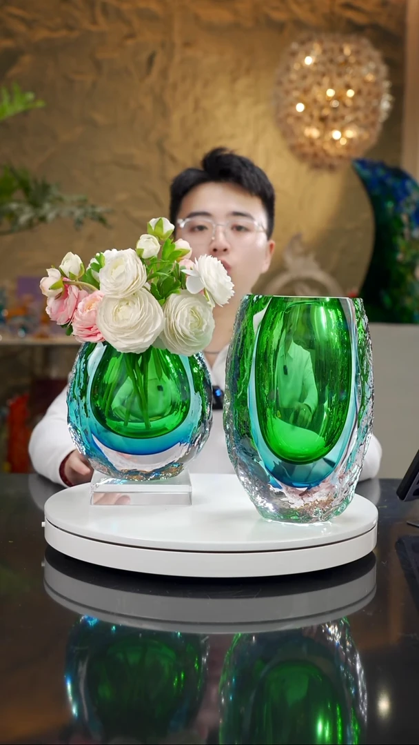 琉璃手工艺品祖母绿宝石蓝组合花器带底座