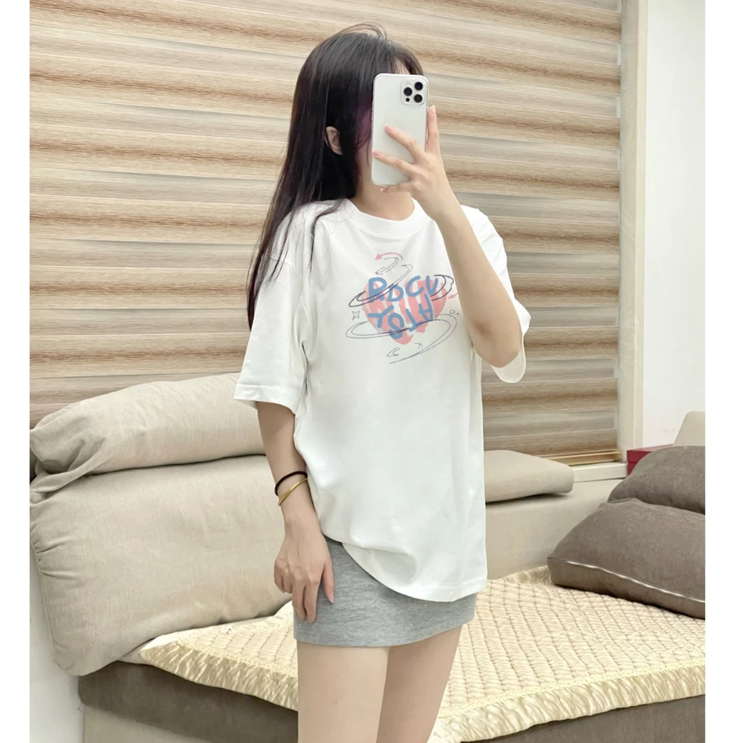 2025年夏季新款印花圆领短袖T恤女洋气百搭修身显瘦小个子t恤上衣