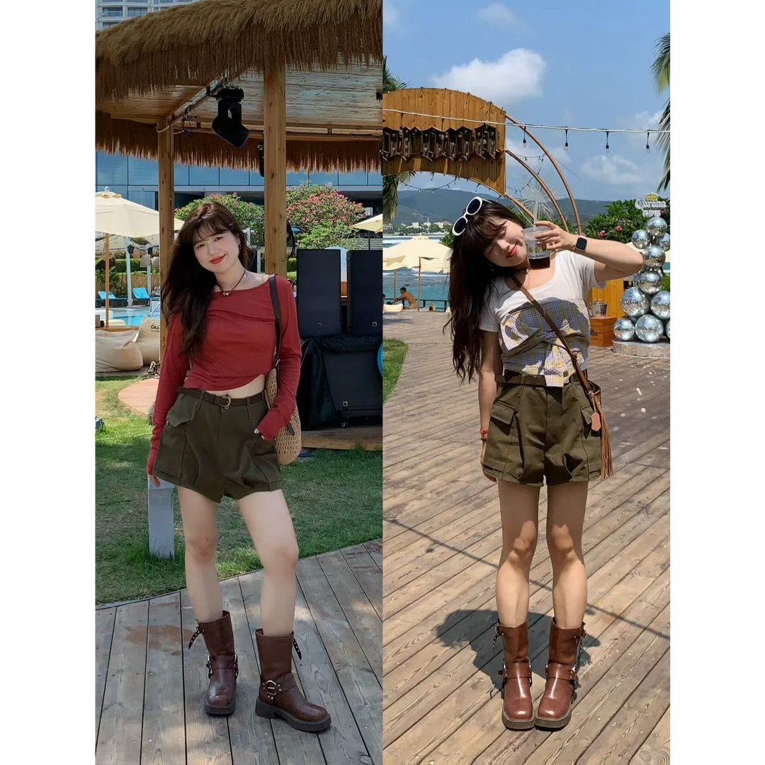 【现货】米米子“美式甜心”定制军绿色工装短裤显瘦高腰裤辣妹短裤