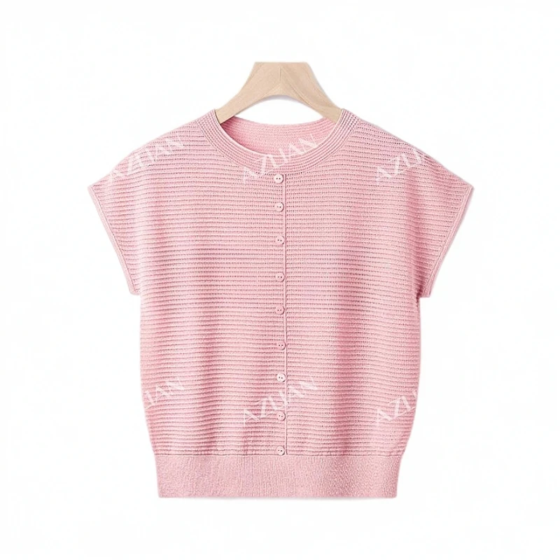 2025新款一字领短袖条纹小飞袖夏季女针织假单排扣上衣短袖1209