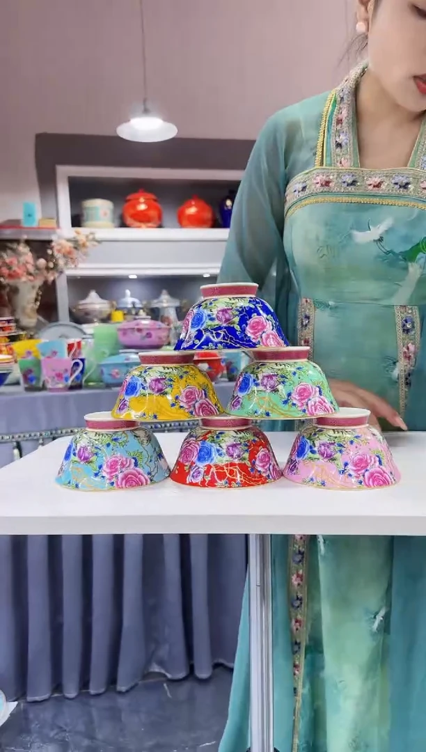 珐琅4.7英寸花口碗6个景德镇陶瓷混色