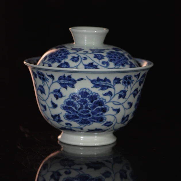 景德镇纯手工手绘缠枝牡丹花卉盖碗