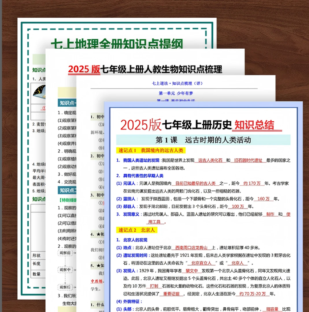 2025新七年级上册小四门政史地生考点清单全册知识点汇总A4彩印