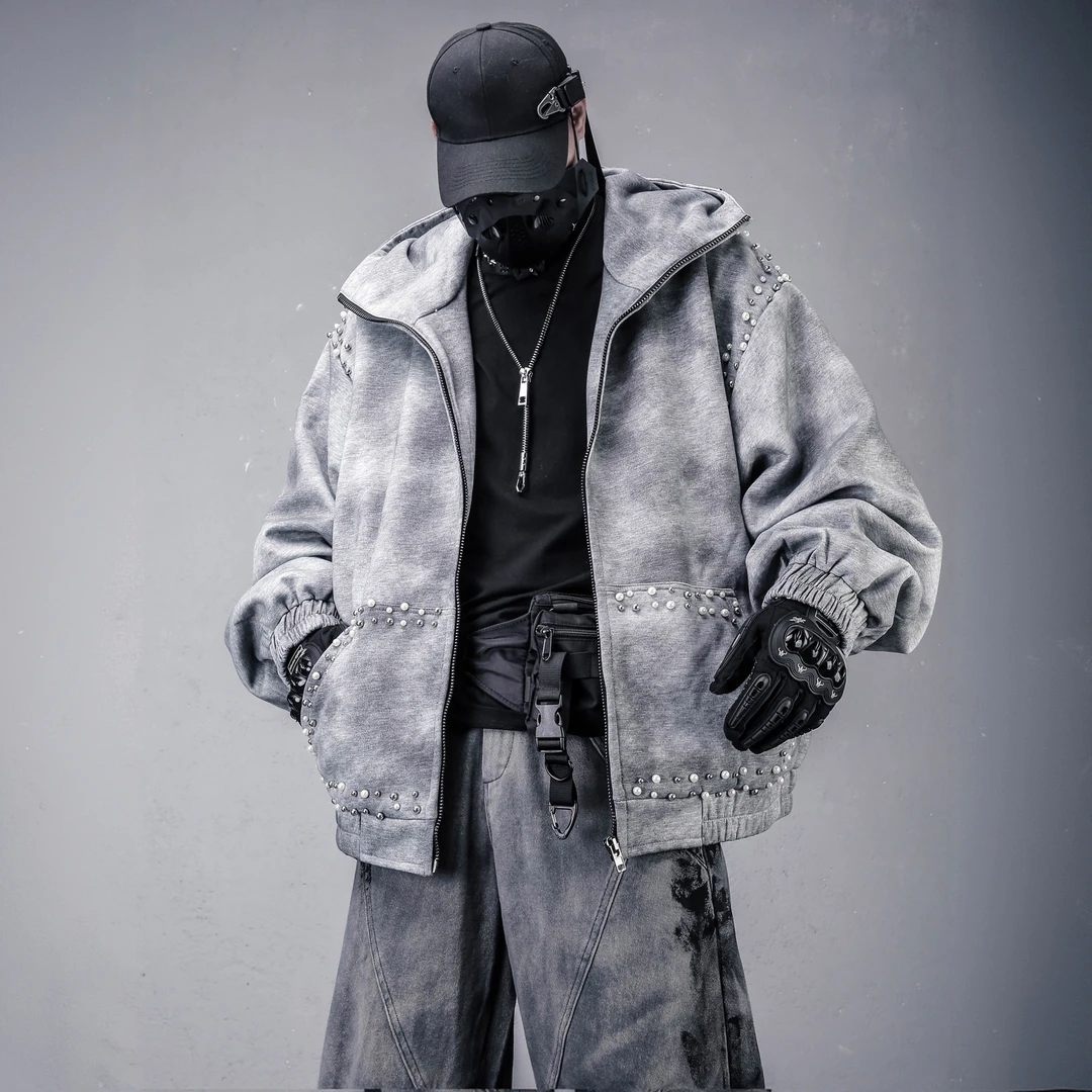废土风重工个性珍珠连帽加绒开衫外套冬季美式高街大码卫衣夹克潮