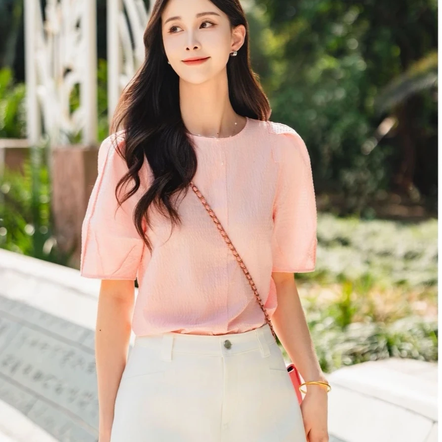 GIRDEAR/哥弟夏季新款气质简约百搭套头泡泡袖衬衣T恤女 1300981