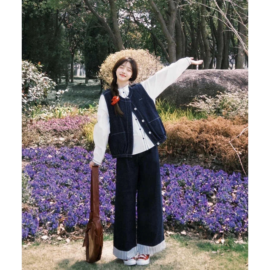 CaKm深蓝色牛仔马甲女百搭复古坎肩微宽松通勤牛仔裤套装KSB626