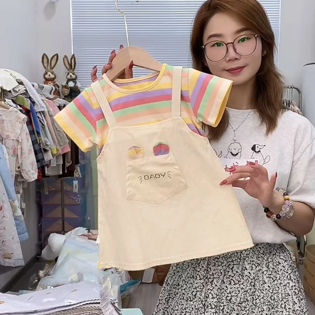 夏季纯棉薄款夏天短袖儿童裙子女宝假两件-SC-135