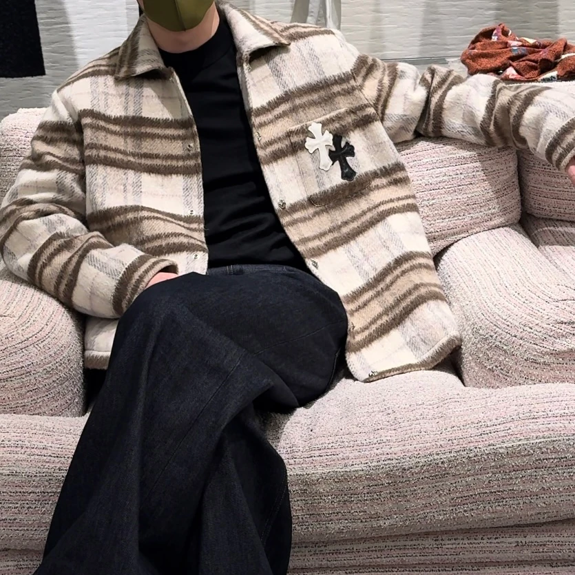 秋冬款男装复古夹克羊毛混纺十字架拼皮条纹棉服外套男士SM11988