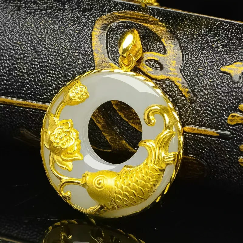 【宝哥专享】足金999和田玉锦鲤平安扣吊坠质检中心发货有证书