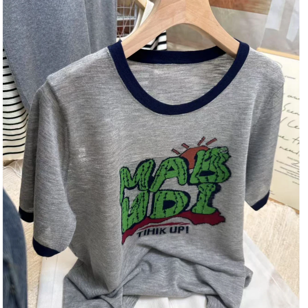圆领春季短袖夏季薄款女毛针织衫针织衫提花打底上衣休闲