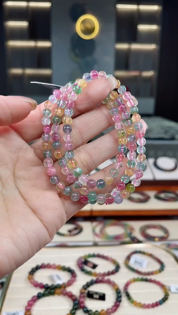 未镶嵌老矿碧玺彩虹三圈手串5mm+碧玺（多样性发一条）T