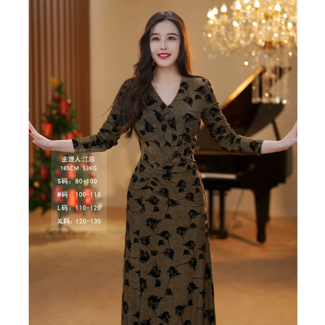【JOSIE定制】咖金玫瑰 显瘦高级小众设计感修身法式连衣裙-YL20095