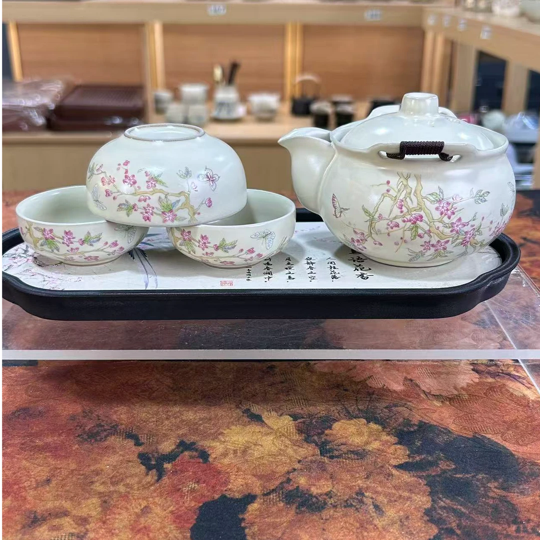 汝窑紫藤花手抓壶一壶三杯带包带盘376