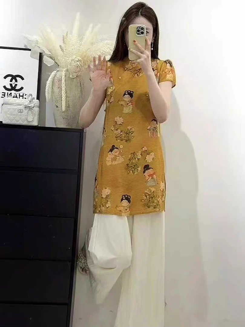 新中式国风套装2025年轻款仕图福娃印花旗袍上衣白色阔腿裤两件套