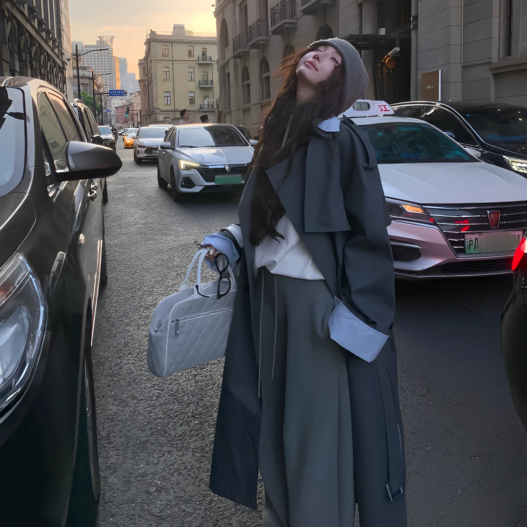 高级感灰色风衣外套女2025秋季新款中长款假两件撞色拼接宽松大衣