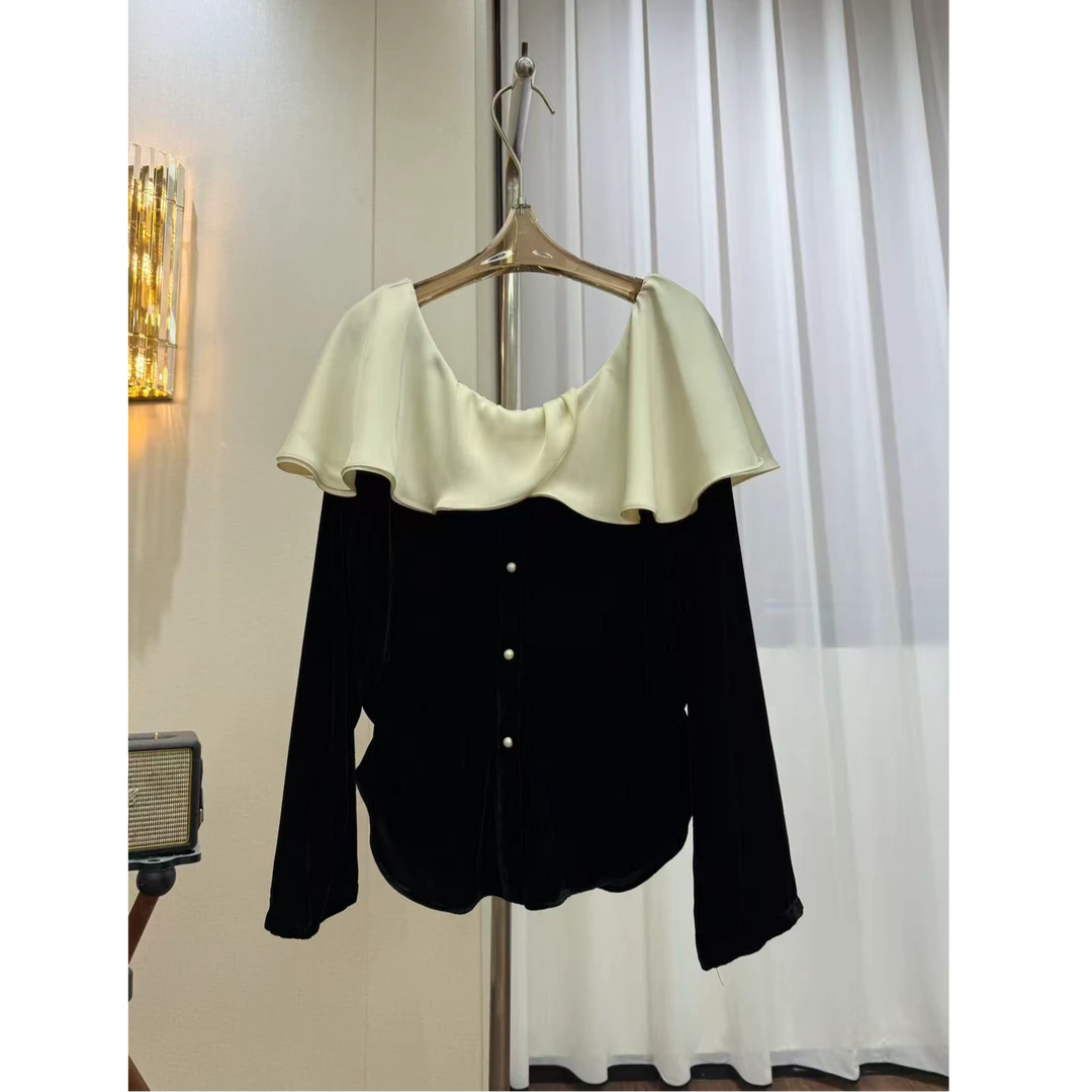 法式女神白色波浪娃娃领拼接100%桑蚕丝真丝丝绒腰部抽褶修身上衣