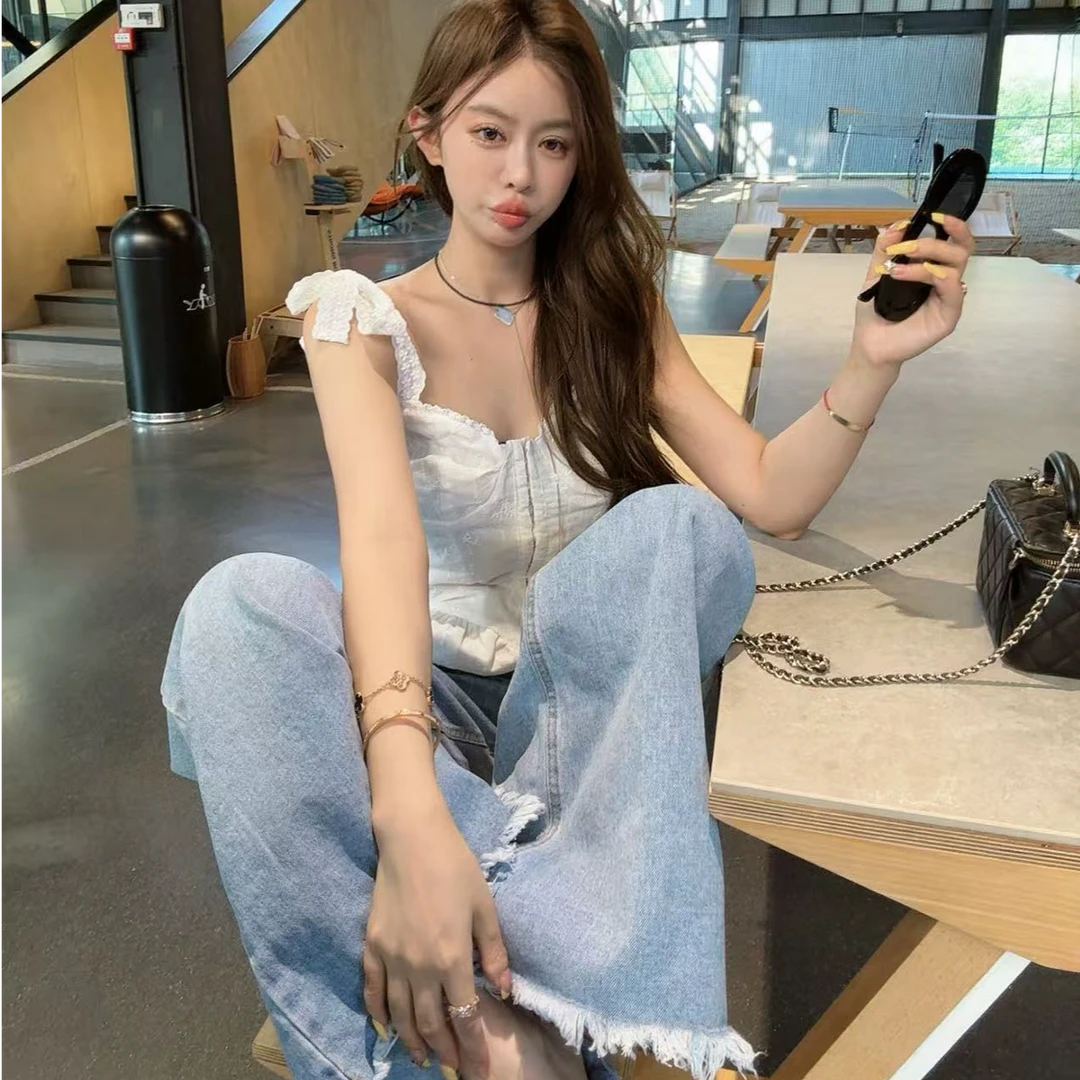 【YKL】云朵呢喃 白色小清新花边系带背心/蝴蝶结磨边显瘦牛仔裤