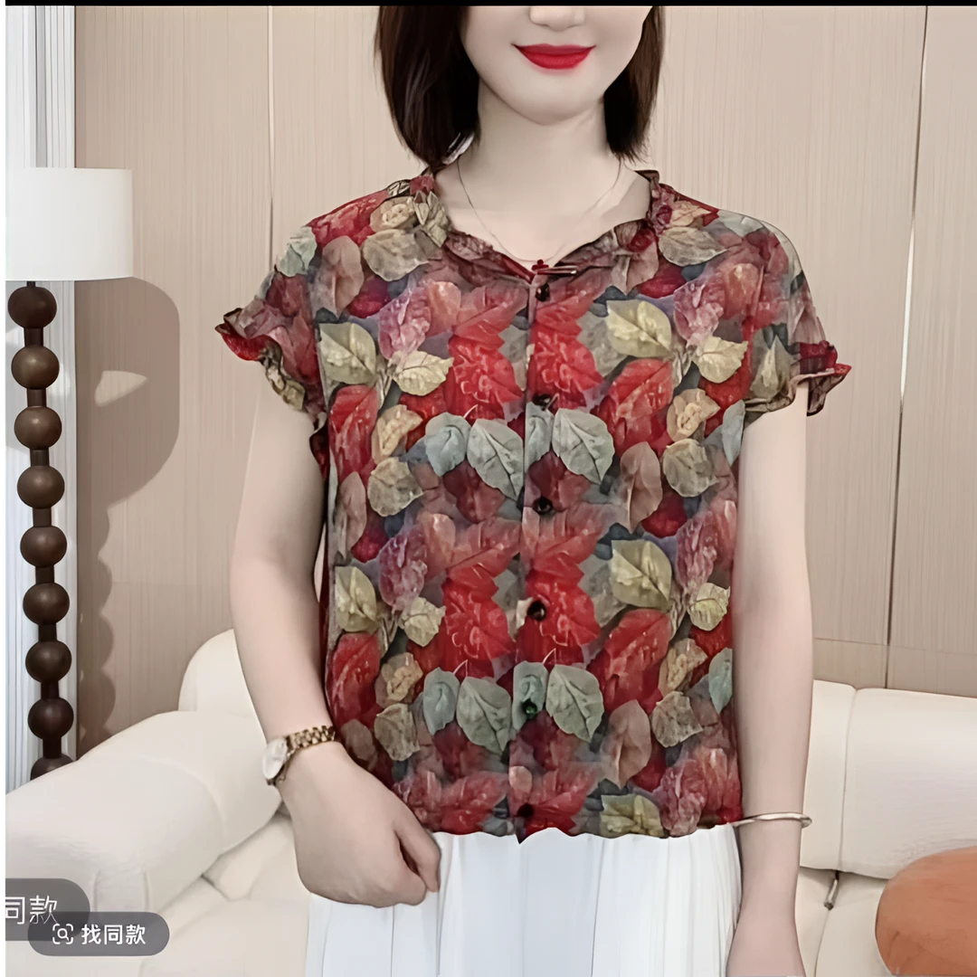 《606》夏季时尚洋气新款简约花边领印花气质休闲百搭短袖