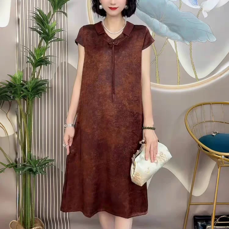 高端气质中老年妈妈纯色连衣裙夏季新款国风短袖遮肉显瘦旗袍长裙